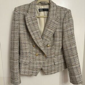 Zara Women's Tweed Double-Breasted Blazer with matching skirt size large